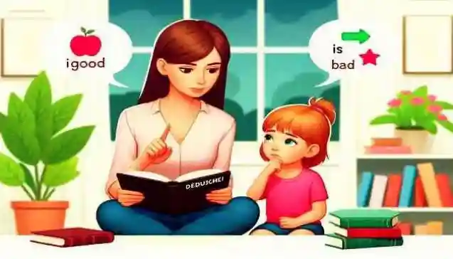 A woman sits on the floor reading a book to a young girl, with speech bubbles illustrating an apple labeled “good” and a star labeled “bad,” symbolizing teaching Discernment.