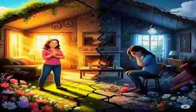 Illustration showing two sides of family life — respected women bringing happiness and unity, versus disrespected women facing sadness and destruction, highlighting the importance of valuing women in society.