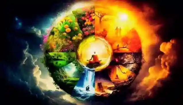 Circular illustration symbolizing the six seasons of India, with vibrant landscapes and a meditating figure in the center, reflecting the spiritual journey through seasonal transitions.