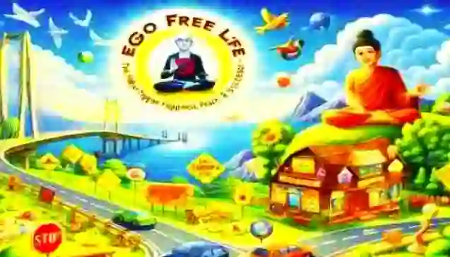 A serene landscape symbolizing an ego-free life, featuring peaceful surroundings and harmonious elements.