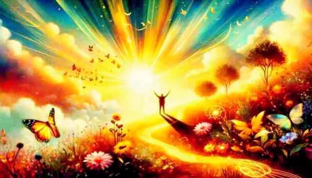 A silhouette of a person standing with arms raised toward a radiant sunrise over a vibrant flower meadow filled with butterflies, symbolizing hope.