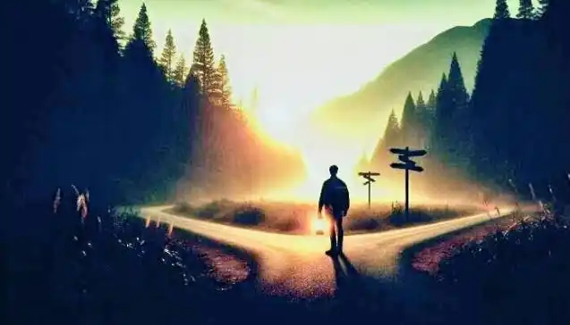 A lone traveler stands at a crossroads in a forest at sunrise, symbolizing the search for answers through intuition.