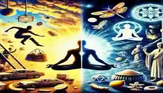 A symbolic digital illustration representing the contrast between futile actions and purposeful actions in spiritual growth, depicting a person trapped in distractions versus a mindful individual on a path to enlightenment.