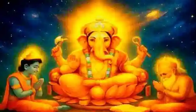 Lord Ganesha seated on a lotus, worshipped by Lord Vishnu and Brahmadev under a cosmic sky, symbolizing divine wisdom and devotion.
