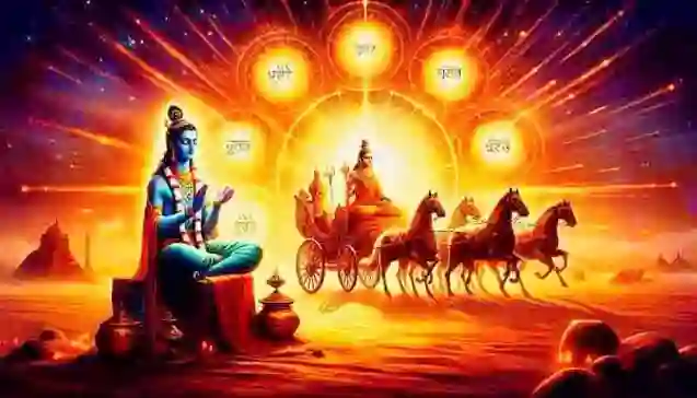 Spiritual artwork of Lord Krishna and Arjuna on the battlefield, symbolizing Gita Dhyana as the gateway to eternal wisdom and insights.