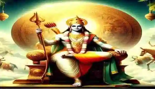 Painting of Lord Shri Ram seated on a divine throne, symbolizing the ideals of Ramrajya.