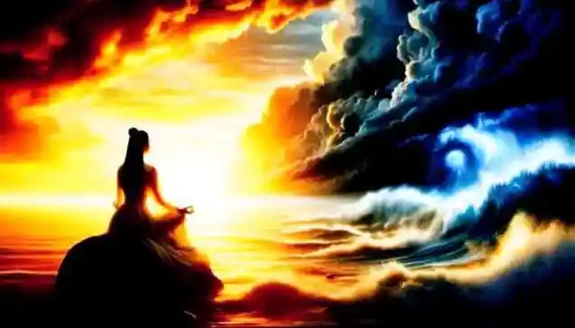 A serene figure meditates calmly on the shore as a golden sunrise breaks through dark storm clouds and giant ocean waves, symbolizing humility and calmness in adversity.