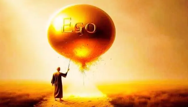 A monk bursting a large golden balloon labeled "Ego" on a misty path, symbolizing the release of ego.