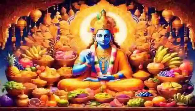 Lord Krishna seated in a meditative pose, surrounded by abundant bowls of vibrant food offerings within a detailed golden temple setting.
