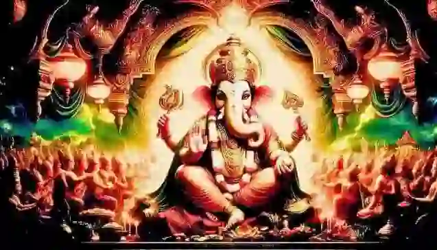Lord Ganesha seated majestically with divine aura, symbolizing the right of first worship.