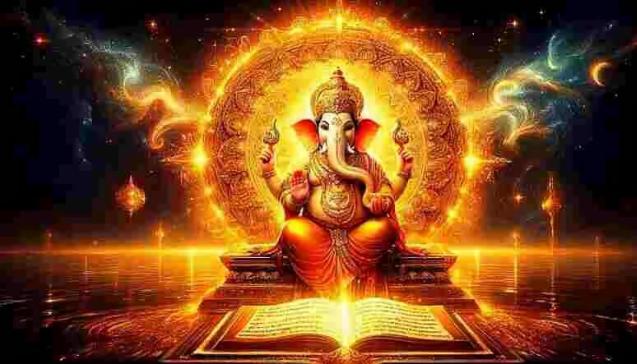 Radiant Lord Ganesha seated on a golden throne with the divine Ganesha Purana glowing before Him, symbolizing His supremacy and infinite stories.