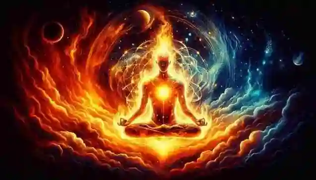 A meditating figure surrounded by fiery waves symbolizing anger transformed into divine peace through inner awareness.