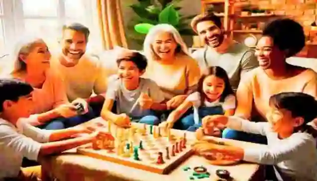 A multi-generational family laughing and playing chess together, showcasing strong relationship bonds.