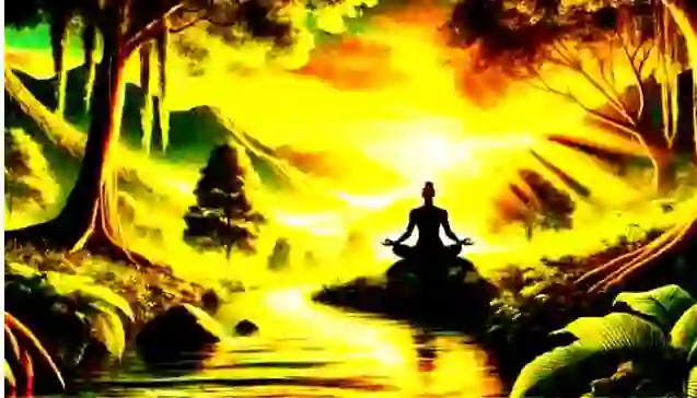 A person practicing yoga in a serene forest setting during sunrise, surrounded by lush greenery and calm water, symbolizing peace and mindfulness.