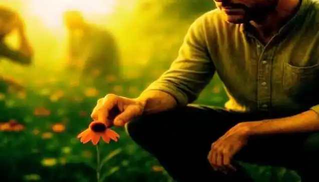 Man gently touching a flower in a serene field, representing simplicity of mind and mindfulness.