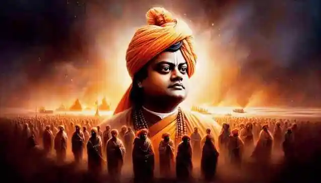 Swami Vivekananda stands in traditional Indian attire at the center of a serene, mystical landscape, surrounded by numerous devoted figures dressed similarly, symbolizing unity and spiritual legacy.