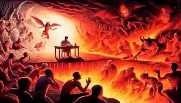 A man sitting alone at a desk in a fiery underworld, surrounded by writhing figures and demons, symbolizing the torment of sinful actions in life.