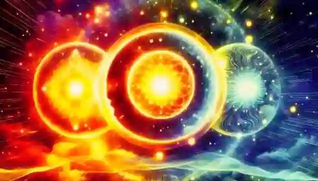 Abstract image representing Pure Conduct through three glowing interconnected spheres symbolizing Mind, Speech, and Action within a vibrant, cosmic energy field.