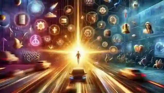 A radiant figure emerges amid a chaotic digital landscape filled with social media icons and technological distractions.