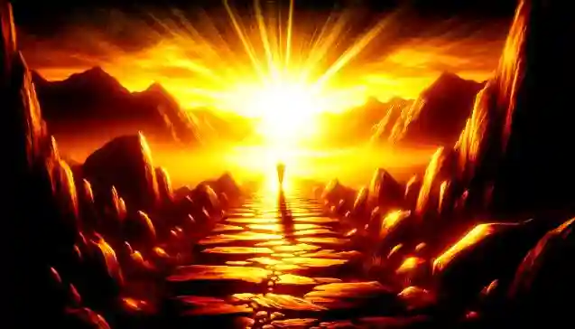 A person walking on a rocky golden path toward the sunrise, symbolizing how challenges lead to self-transformation and inner growth.
