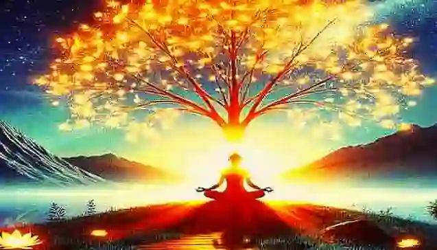"A person meditating under a glowing tree, symbolizing spirituality, with mountains, a crescent moon, and a serene night sky in the background."