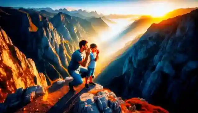Father and son experiencing the echo of life in mountains - symbolizing the power of thoughts.