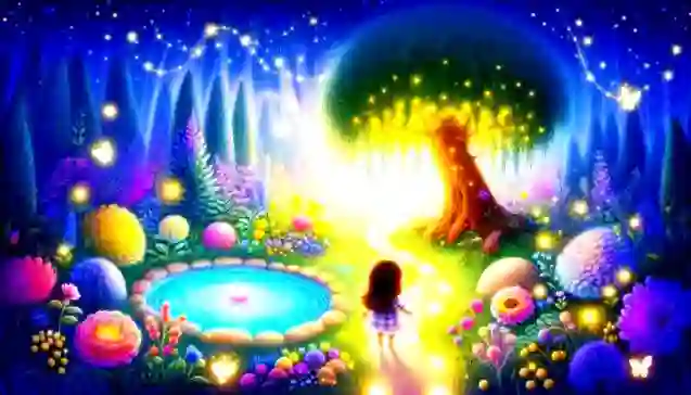 Little girl walks a glowing path toward a luminous tree beside a sparkling pond, surrounded by colorful flowers, fireflies, and twinkling stars in a magical inner garden.