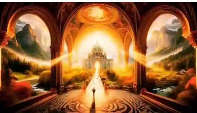 A lone figure walks through an archway toward a radiant light, symbolizing the journey guided by Moral Values.