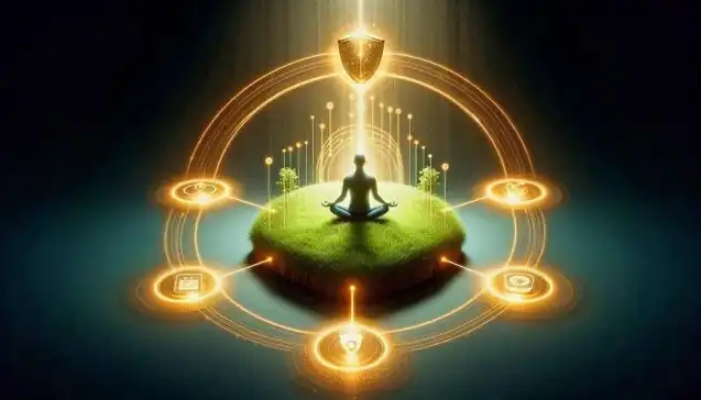 A person meditating on a glowing grassy island, surrounded by five radiant golden nodes and a protective light shield — a visual symbol to Protect Your Energy.