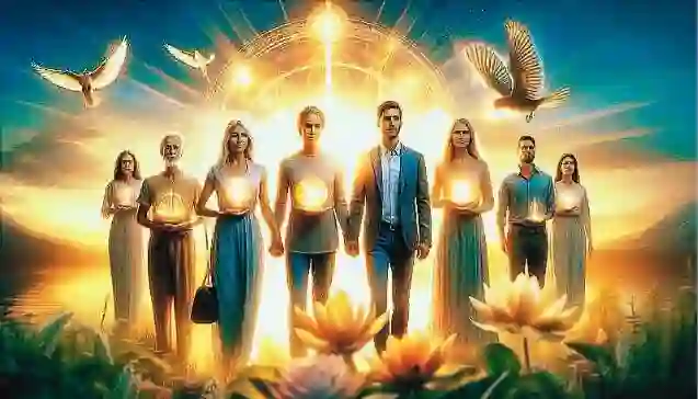 Men and women walking together in golden light symbolize respecting women, gender equality, and happy living.