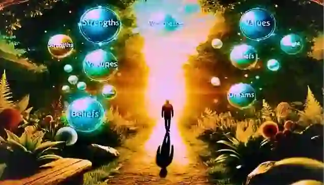 A person walking towards sunlight on a serene forest path, surrounded by glowing bubbles labeled strengths, values, beliefs, and dreams, symbolizing self-discovery and personal growth.
