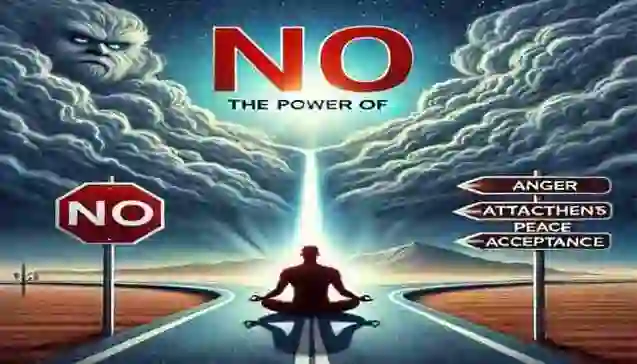 A symbolic illustration of the power of ‘No,’ featuring a meditator at a crossroads, stormy clouds with a fierce face, and signposts indicating emotions like anger, attachment, peace, and acceptance.