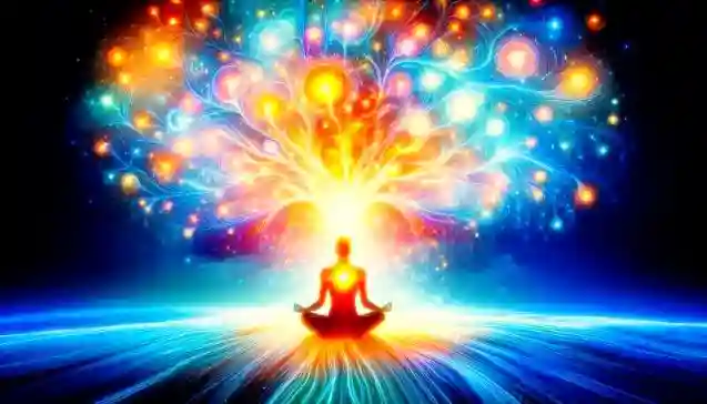 A person meditating with radiant light and colorful energy flowing from the mind and heart, symbolizing the harmony of thoughts, feelings, and inner strength.