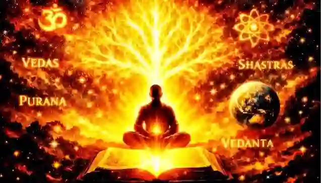 Meditating silhouette above a glowing open scripture and radiant tree of light with celestial symbols and Earth — Vedas, Puranas, Shastra.